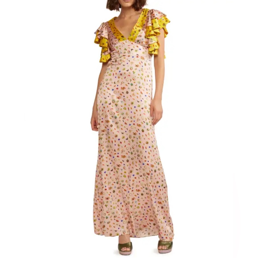Cynthia Rowley Pamela Flutter-Sleeve Stretch Silk Maxi Dress size 2